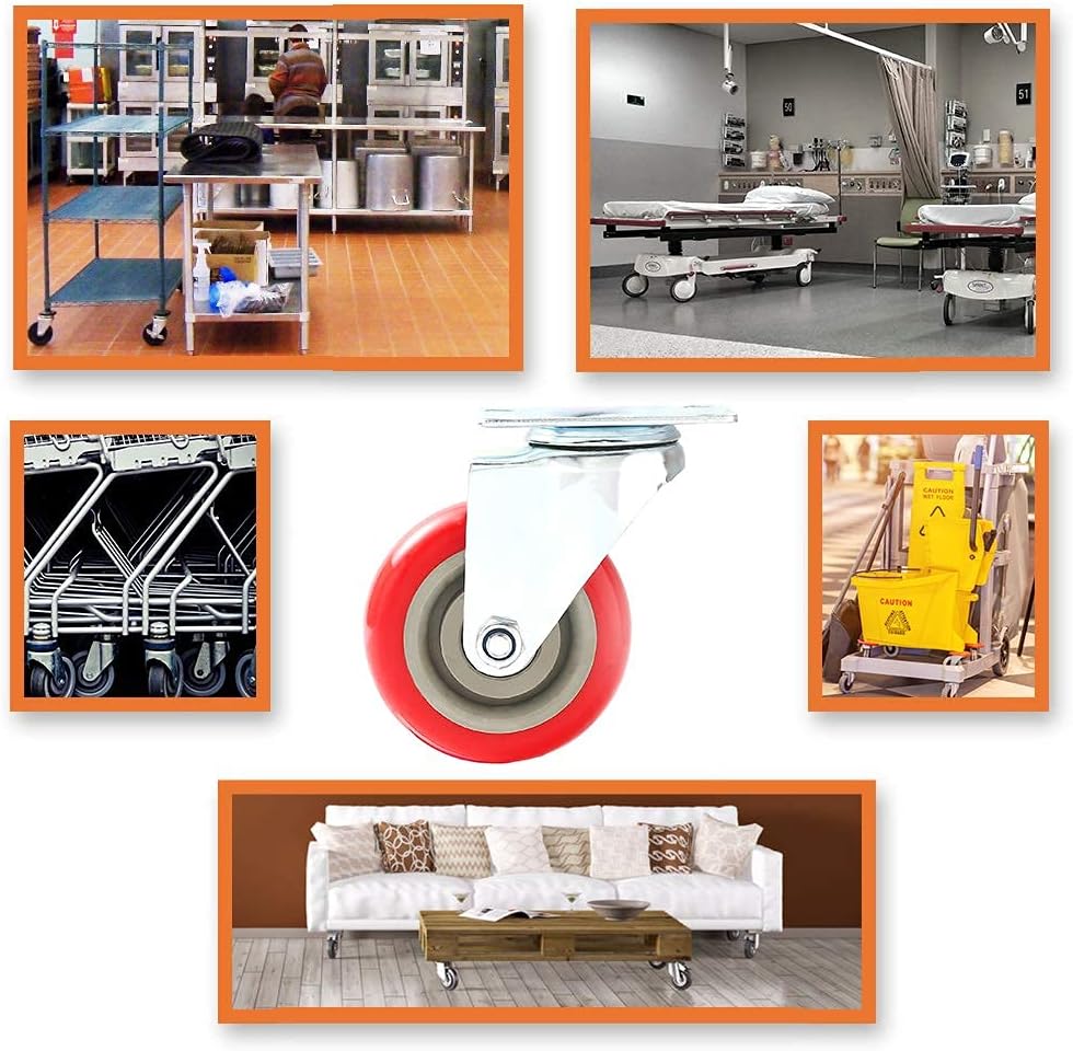 8 Pack 4" Caster Wheels Swivel 360 Degree 4 with Brake Swivel and 4 Swivel Plate Combo On Red Polyurethane Wheels with Hardware: Home Improvement