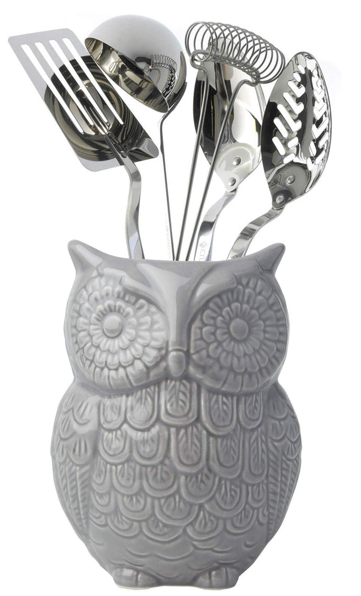 Comfify Owl Utensil Holder Decorative Ceramic Cookware Crock & Organizer, in Lovely Grey Color - Utensil Caddy and Perfect Kitchen Ceramic Décor Gift - 12.7 x 17.8 x 10.2 cm Size