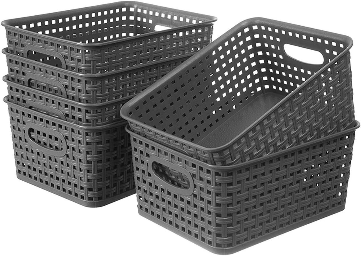 YYQX Plastic Storage Basket, 6 Pack Gray Weave Storage Baskets Organizer, Storage Trays Baskets Bins with Handles for Home Kitchen Office