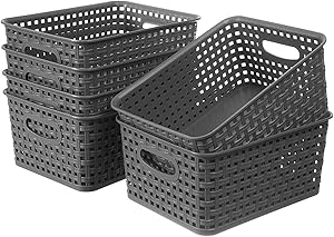 YYQX Plastic Storage Basket, 6 Pack Gray Weave Storage Baskets Organizer, Storage Trays Baskets Bins with Handles for Home Kitchen Office