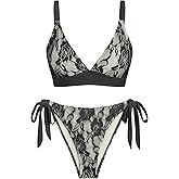 seamoly 2 Pieces Lace Bikini V-Neck Swimsuits for Women Tie Side Bikini Set Classic Black L