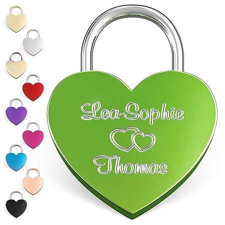 LIEBESSCHLOSS-FACTORY Liebes Herzschloss grün mit Gravur, gratis Geschenk-Box uvm... Jetzt graviertes Schloss selbst gestalte