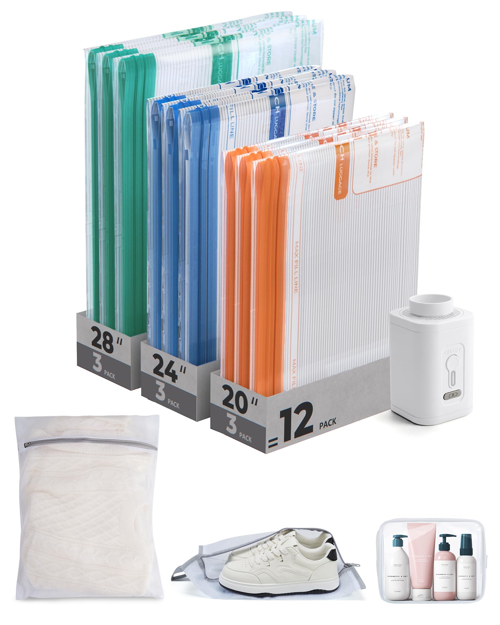 Photo 1 of BAGSMART Vacuum Storage Bags for Travel with Rechargeable Air Pump, Portable Space Saver Bags for Travel & Home, Vacuum Compression Seal Bag for Clothing, Blanket, 12 Pack Multicolor