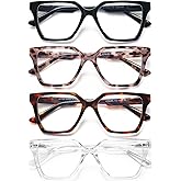 EYEURL 4 Pack Fashion Oversized Reading Glasses for Women Men Blue Light Blocking Computer Square Readers with Spring Hinge Designer Ladies Large Frame Square Anti UV Ray Eyeglasses 1.5