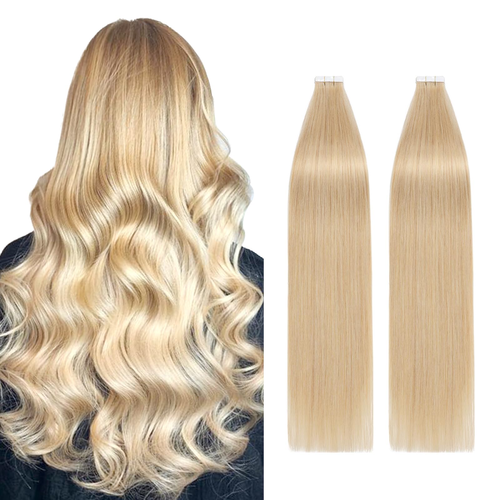 40Pcs Tape in Hair Extensions 16inch Real Human Hair Extension 100g #24 Natural Blonde Skin Weft Seamless Straight Full Head