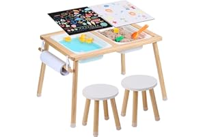 VEVOR Sensory Table and Chairs Set, Toddlers Activity Table with 2 Stools, 2 Storage Bins & Paper Roll Holder, Indoor/Outdoor Play Sand and Water Table, Wooden Kids Sensory Table - Gift for Boys Girls
