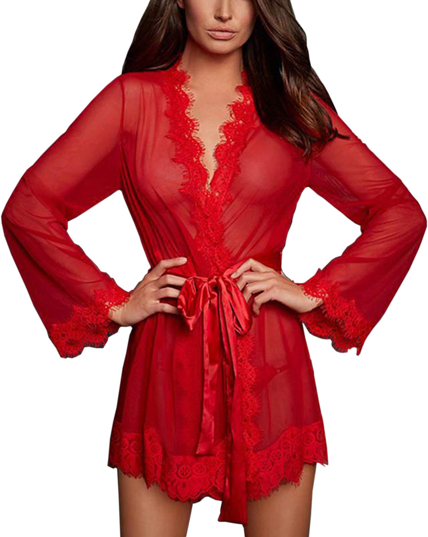 Banamic Women Lace Patchwork Mesh See Through Lace Up Nightgown Lingerie Set