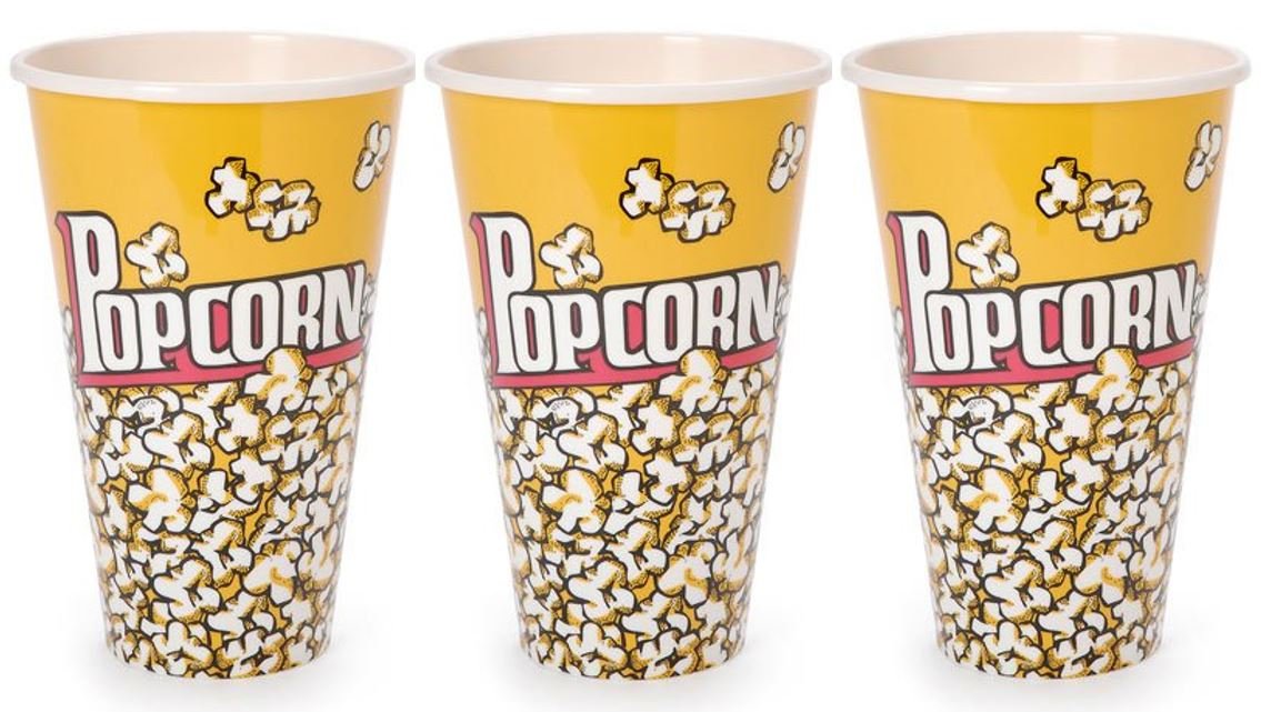 Set of 3 Fun Movie Theater Style Large Plastic Popcorn Tubs Reusable
