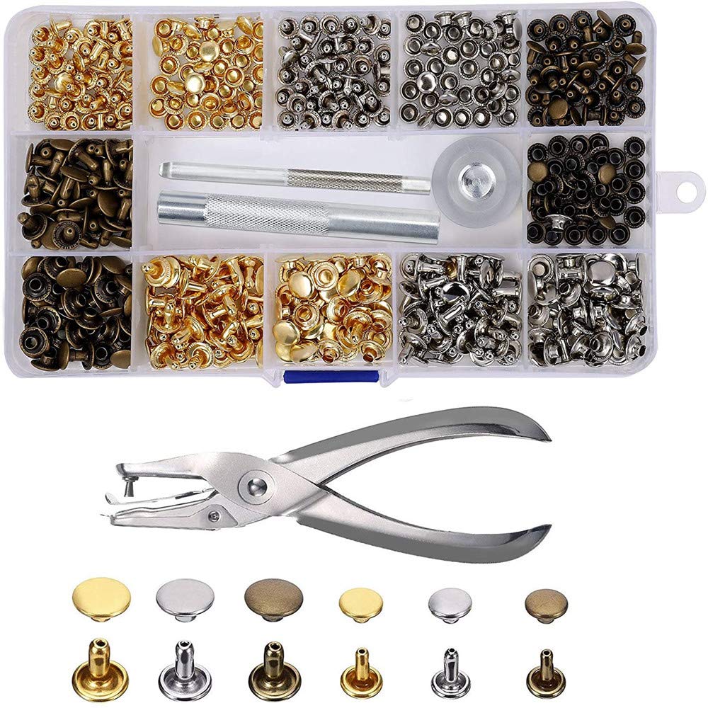 Leather Rivets, 240 Sets Double Cap Rivet Tubular Metal Studs 2 Sizes with Pliers and 3 Pieces Fixing Set Tools for Rivets Replacement DIY Craft Leather Repairing Decoration 3 Colors