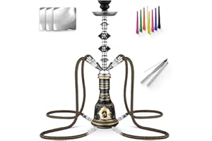 HOKASET 4 Hose Hookah Set 21'' Shisha Hookah Set With Medium Glass Vase, Ceramic Bowl, Coal Tong, Leather Hose,Hookah Foil,Disposable Hookah Tips (Black)
