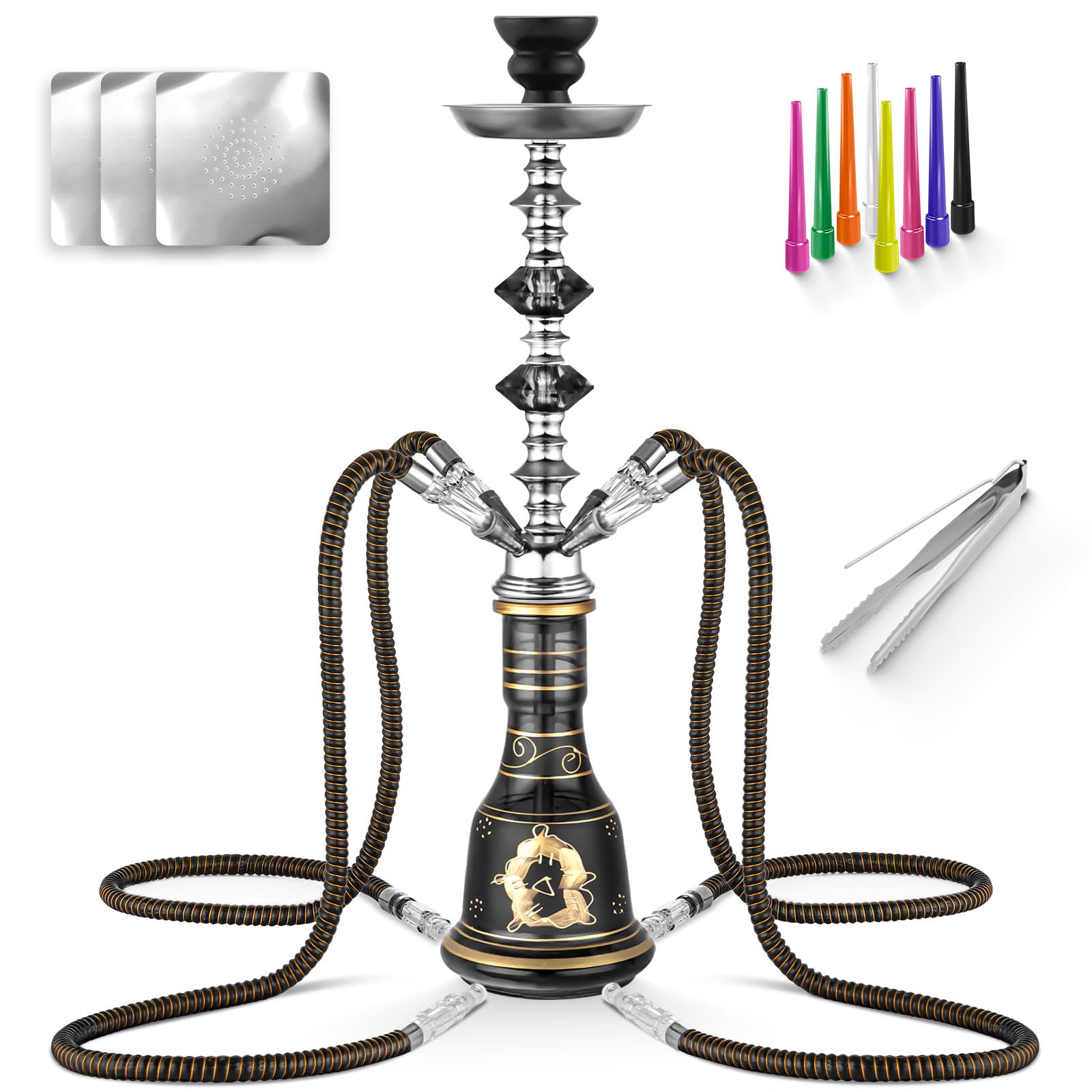 Photo 1 of 4 Hose Hookah Set 21'' Shisha Hookah Set With Medium Glass Vase, Ceramic Bowl, Coal Tong, Leather Hose,Hookah Foil,Disposable Hookah Tips (Black)
