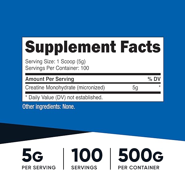 NUTRICOST CREATINE MONOHYDRATE MICRONIZED POWDER 500G, 5000MG PER SERV (5G) – 100 SERVINGS, 17.9 OZ