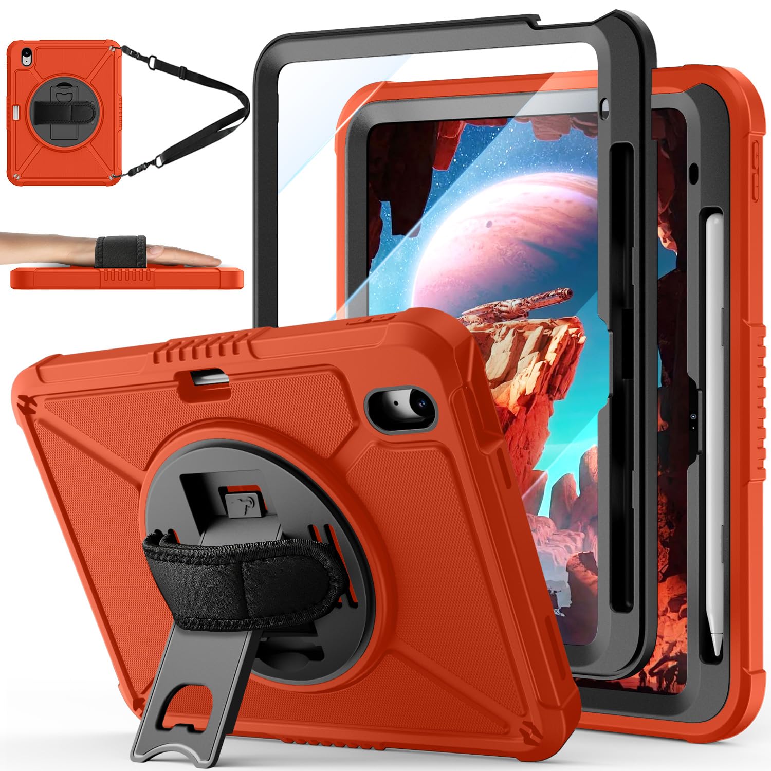 Photo 1 of ZtotopCases for iPad (A16) 11th/10th Generation 11''/10.9'' with Screen Protector, Pen Holder, Handle Shoulder Strap,360 Rotating Stand Rugged Protective Case for iPad 11th Gen 2025(A3354/A3355), Red