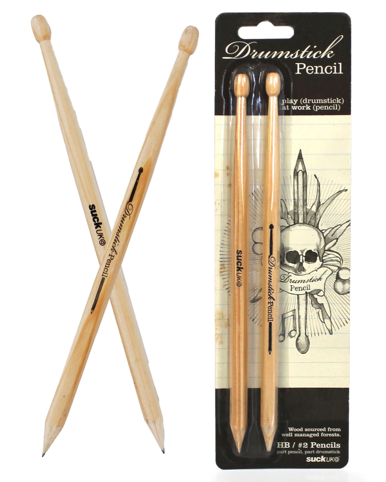 Suck UK Drumstick Pencils | Novelty Drummer Gifts for Men & Music Lovers | Wooden Drum Stick Shaped Pencil | Unique Office & School Stationery Supplies | Cool Drum Kit Pencils - Set of 2 Black