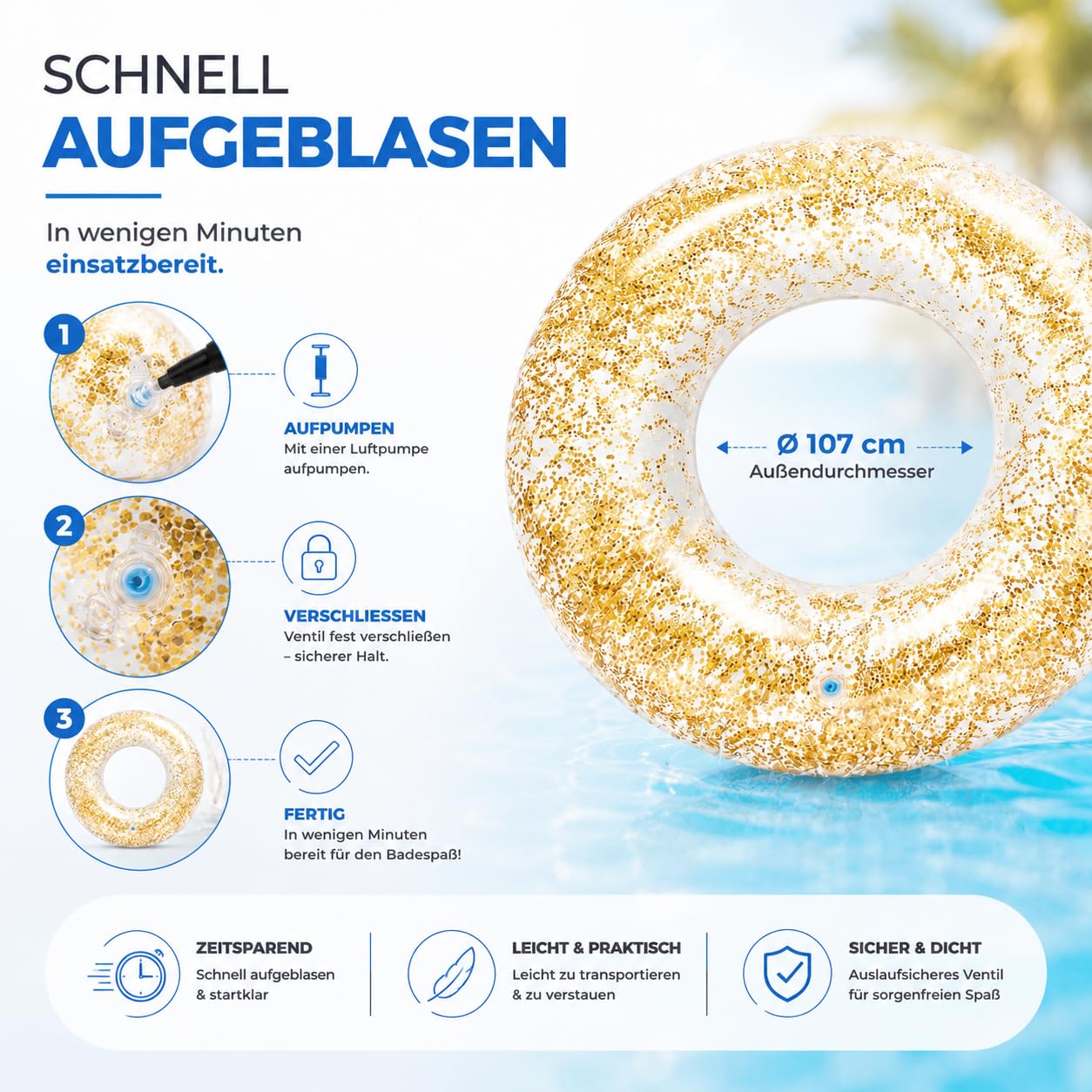 Aufblasbar Schwimmring mit Glitzer Konfetti Ø 120 cm - Schwimmreifen Pool & Wasser, für Erwachsene & Kinder (Schwimmring Glitzer) 3