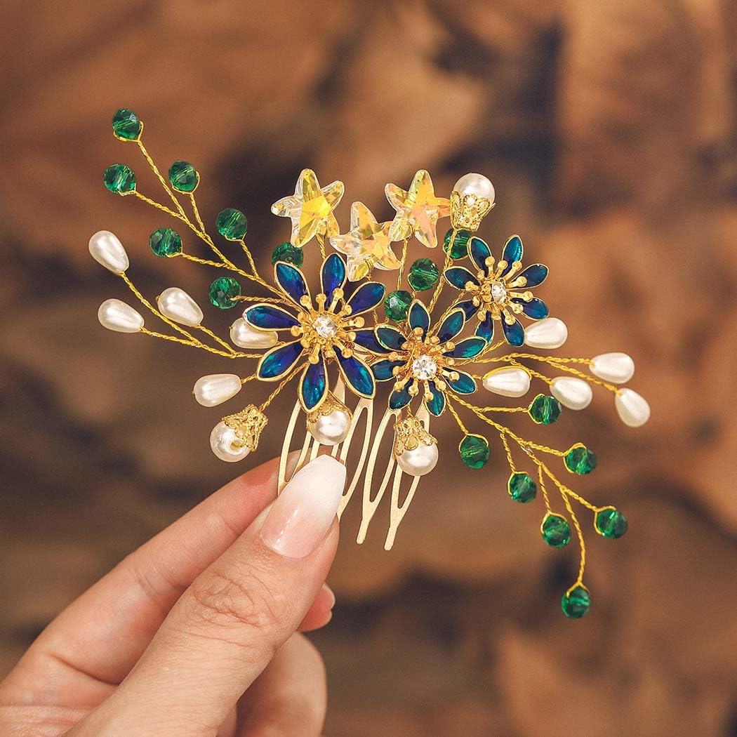 IYOU Baroque Bridal Hair Comb Flower Green Bride Headpiece Star Pearl Wedding Side Combs Bridesmaid Guest Hair Accessories for Women