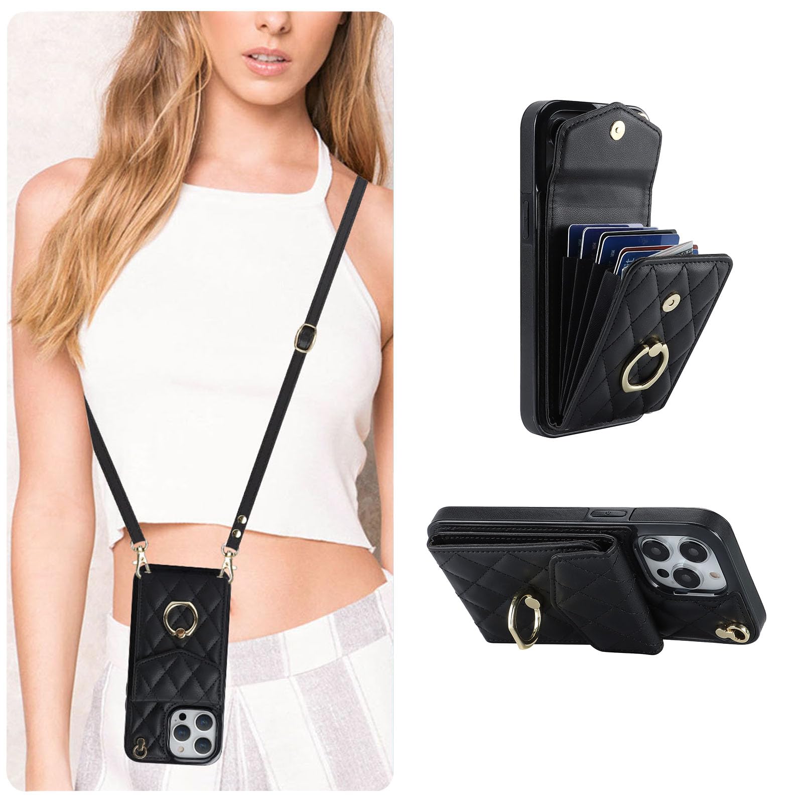 QLTYPRI Crossbody Wallet Case for iPhone 14 Pro Max, PU Leather Phone Case with RFID Blocking Card Slots Holder Ring Kickstand Wrist Strap Lanyard Handbag Purse Cover for iPhone 14 Pro Max – Black