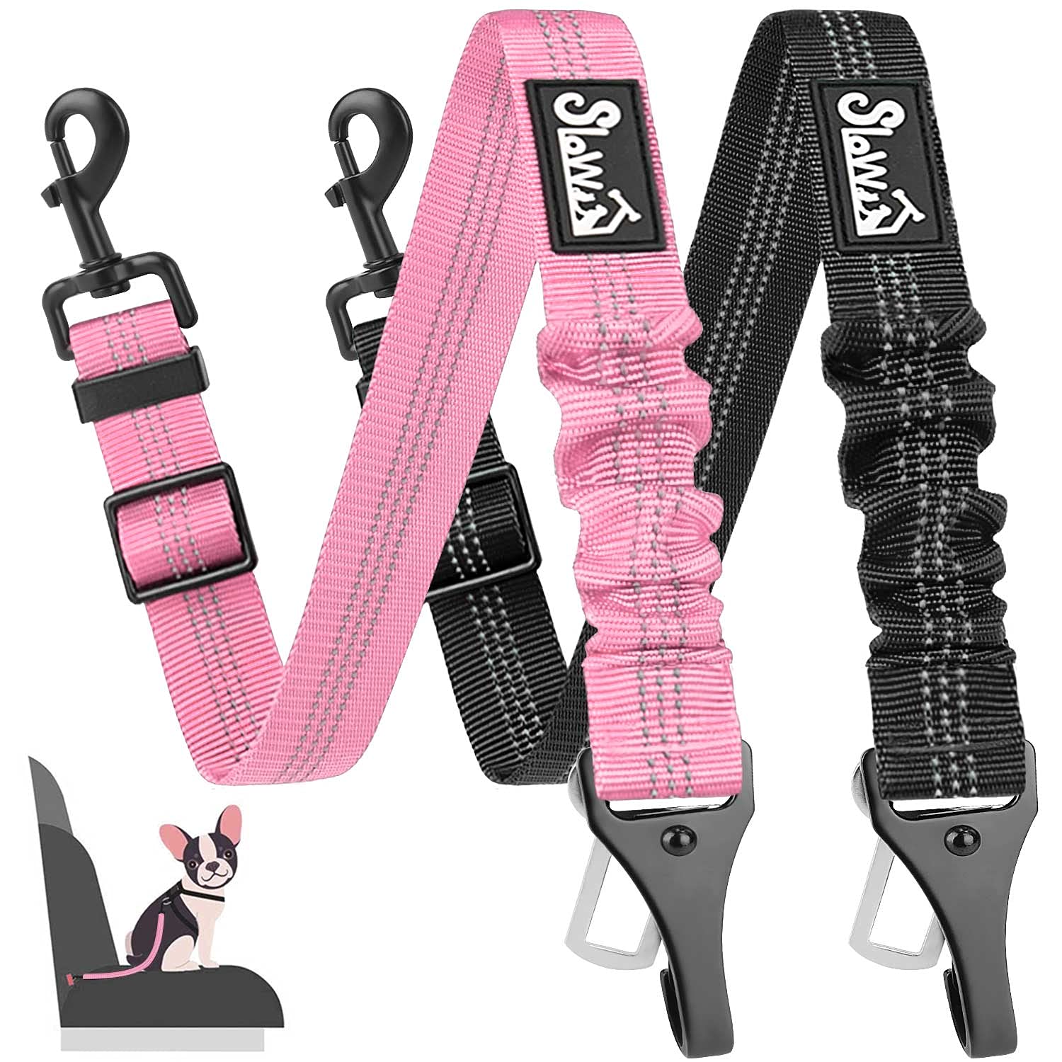 Eyein Dog Seat Belt, 2 in 1 Attachment Dog Car Harnesses Belt, Hook Latch Bar & Seatbelt Buckle with Anti Shock Elastic Nylon Bungee Buffer, Adjustable Reflective Duty Pet Safety Belts for Vehicle