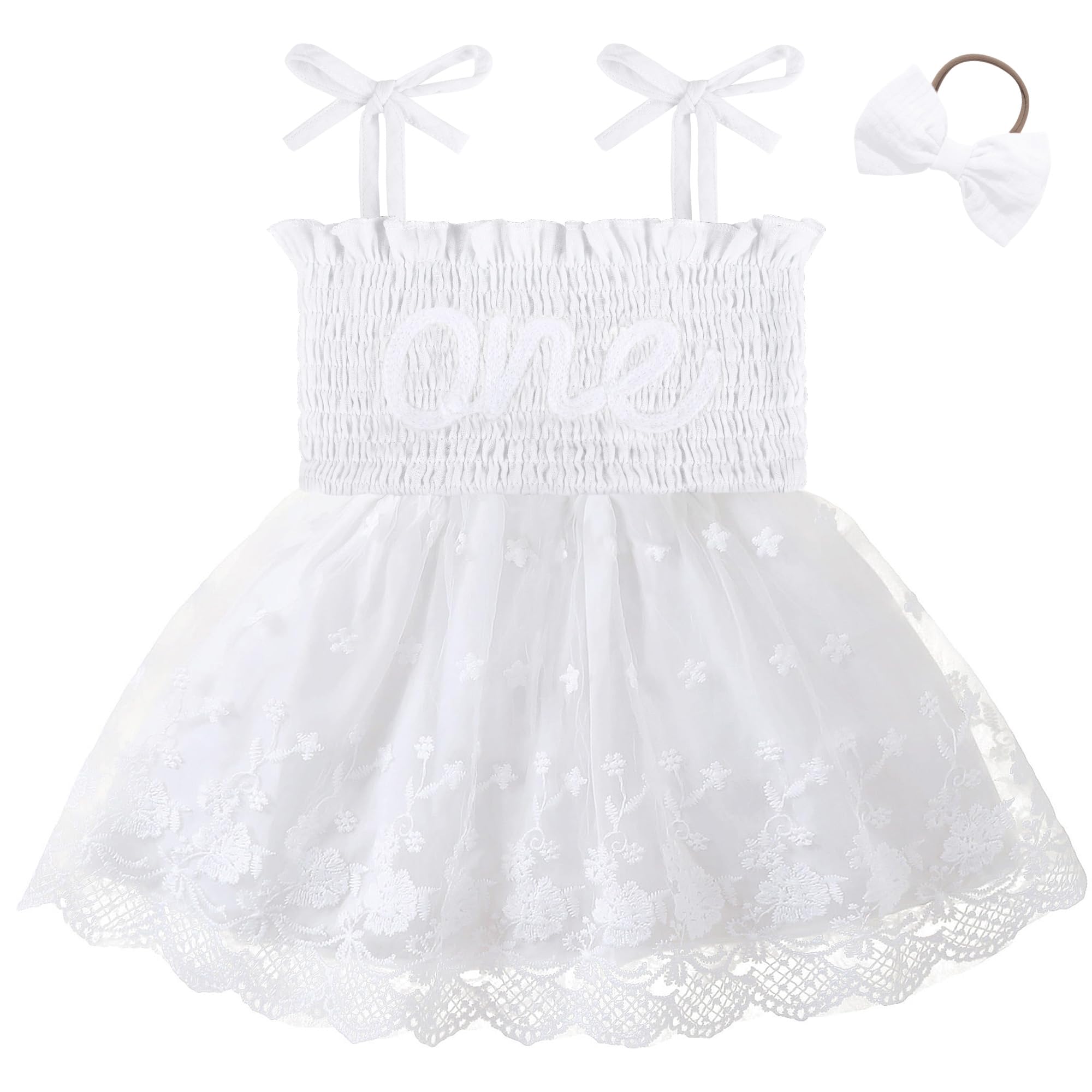 Photo 1 of HONGTEYA Baby Girl 1st Birthday Outfit Girl First Birthday Clothes One Year Old Gifts Lace Romper Tulle Summer Newborn Dress White