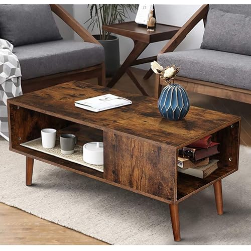 KINGSO Retro Coffee Table Mid Century Modern Coffee Table with Storage Shelf for Living Room Boho Vintage Wooden Coffee Table TV Table Sofa Table Easy Assembly Wood Look Furniture, Rustic Brown