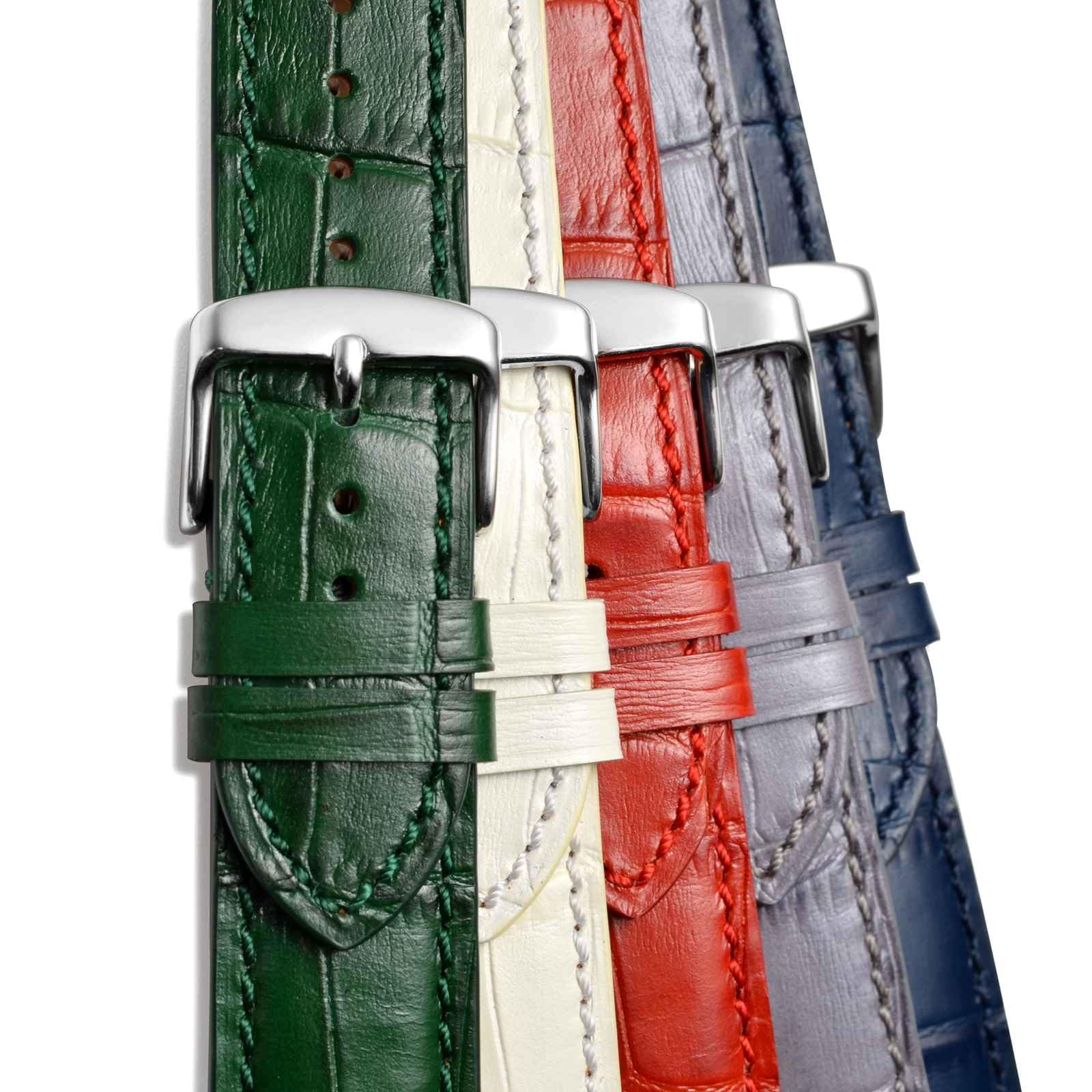 WOCCI 18mm Watch Band, Italian Leather, Embossed Alligator Grain, Silver Buckle (Brown)