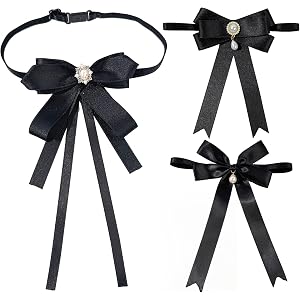 3Pcs Black Bow Tie for Women, Pre-Tied Womens Bow Tie with Pearl Adjustable