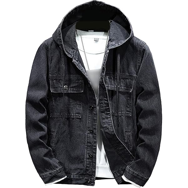 QOAAIE Denim Hoodie Jacket for Men Casual Button Down Jean