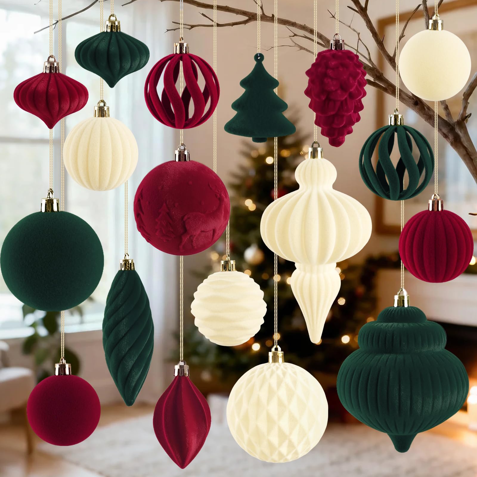 Photo 1 of 18Pcs Velvet Christmas Tree Ornaments Set, Flocked Hanging Christmas Balls Ornaments, Shatterproof Red Green White Hanging Balls Decorations Assortment for Xmas Tree Winter Holiday Home Party Decor