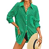 Fisoew Womens Hollow Out Swimsuit Coverup Shirt Button Down Bathing Suit Cover Ups Beachwear