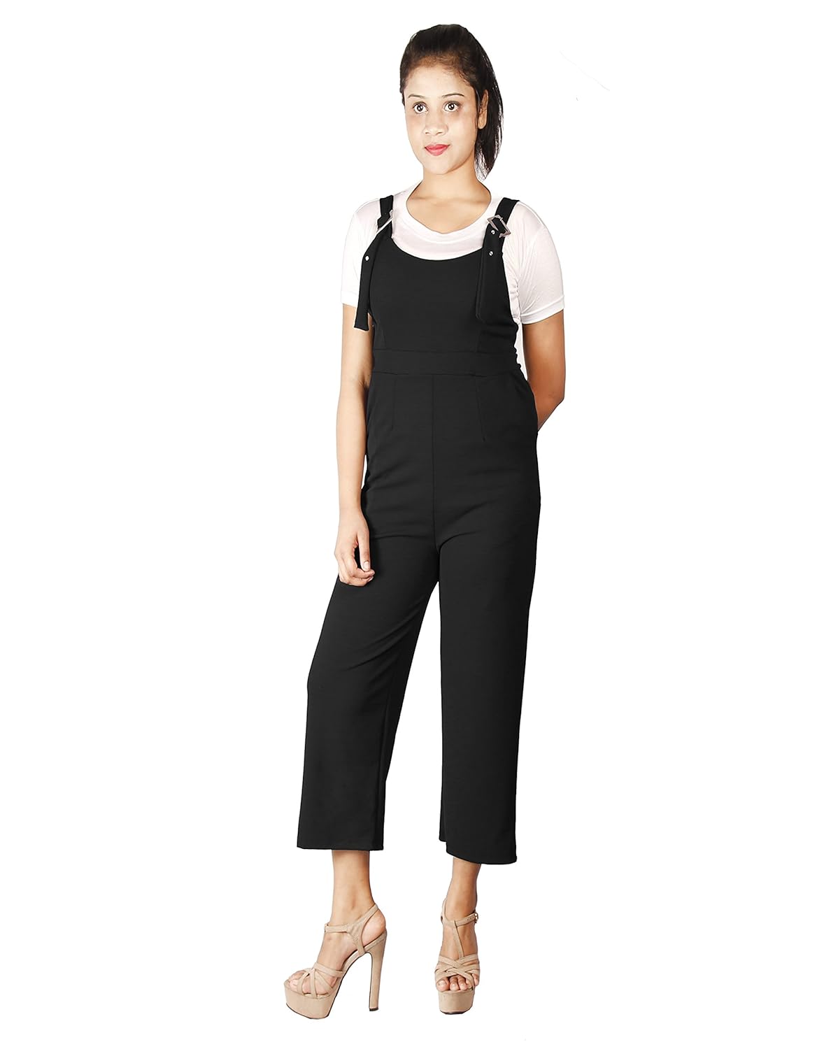 mitra creations skater pants with cross back overalls for pretty women - square buckle belt pant jumpsuit - e