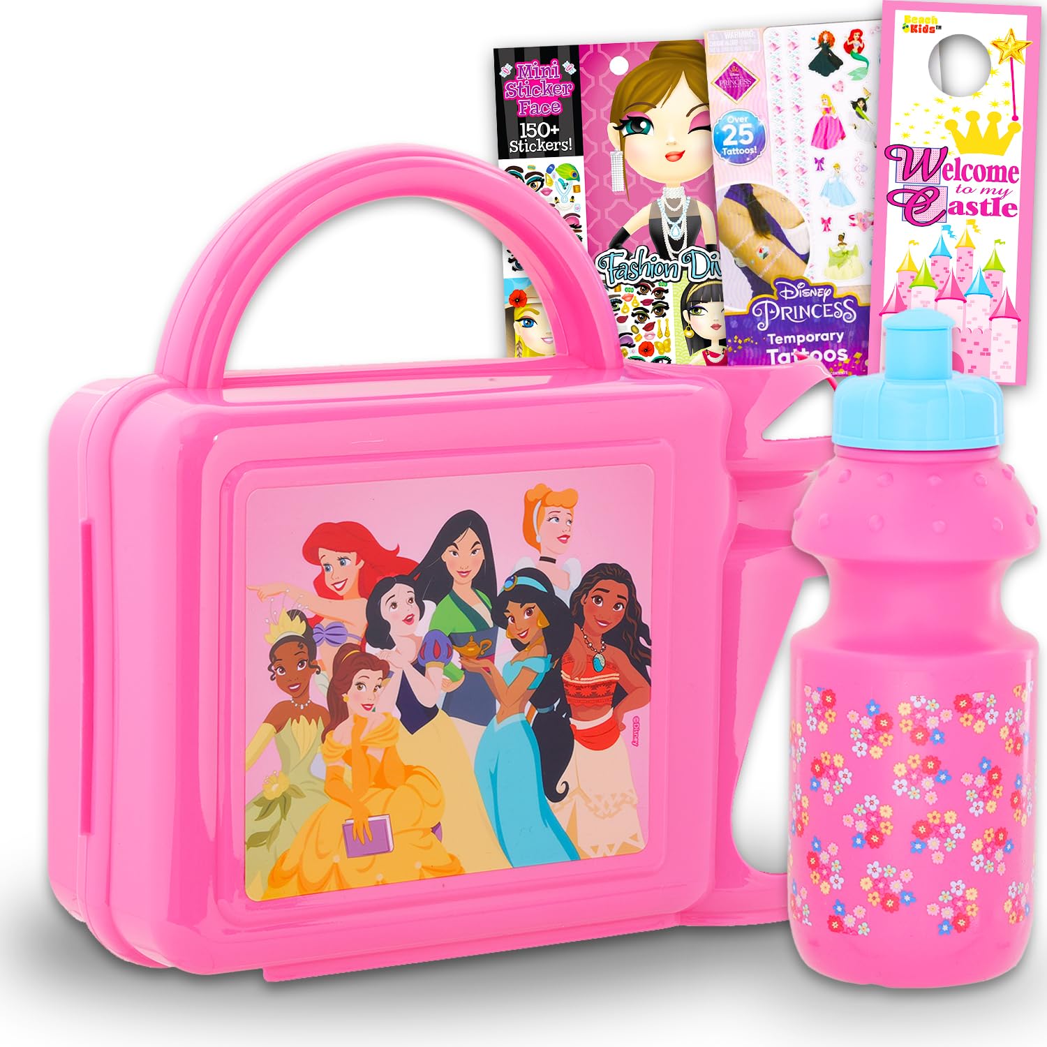 Photo 1 of Disney Princess Lunch Box Set - Bundle of Bento Style Lunch Box, Bottle, Stickers, Tattoos, More | Disney Princess School Supplies Containers for Kids