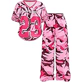 RoseSeek Girl's 2 Piece Summer Outfits Number Graphic Y2k Football Jersey Shirts and Cargo Pants Baggy Set