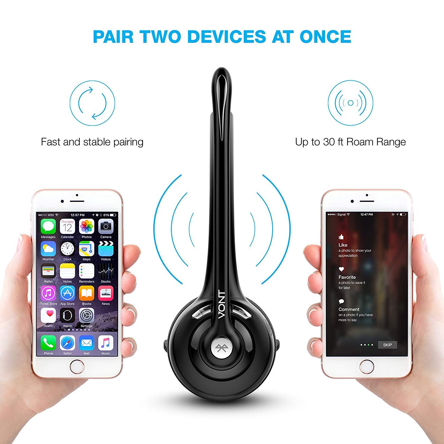 Bluetooth Headset with Microphone, Wireless Headset, Bluetooth Headphones with Mic, Portable Phone Headset, Headsets Suitable for VOIP, Skype, Call Centers, Offices, Truckers/Truck Drivers - Vont