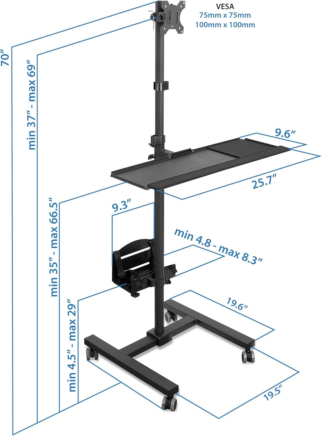 Mount-It! Rolling Computer Cart, Mobile Workstation with Tray Monitor Mount and CPU Holder, Height Adjustable and Mobile Stand for Office and Industrial Use : Office Products
