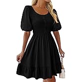 BTFBM Spring Empire Waist Dress for Women 2025 Summer Smocked Crewneck Puff Short Sleeve Beach Vacation Mini Dresses