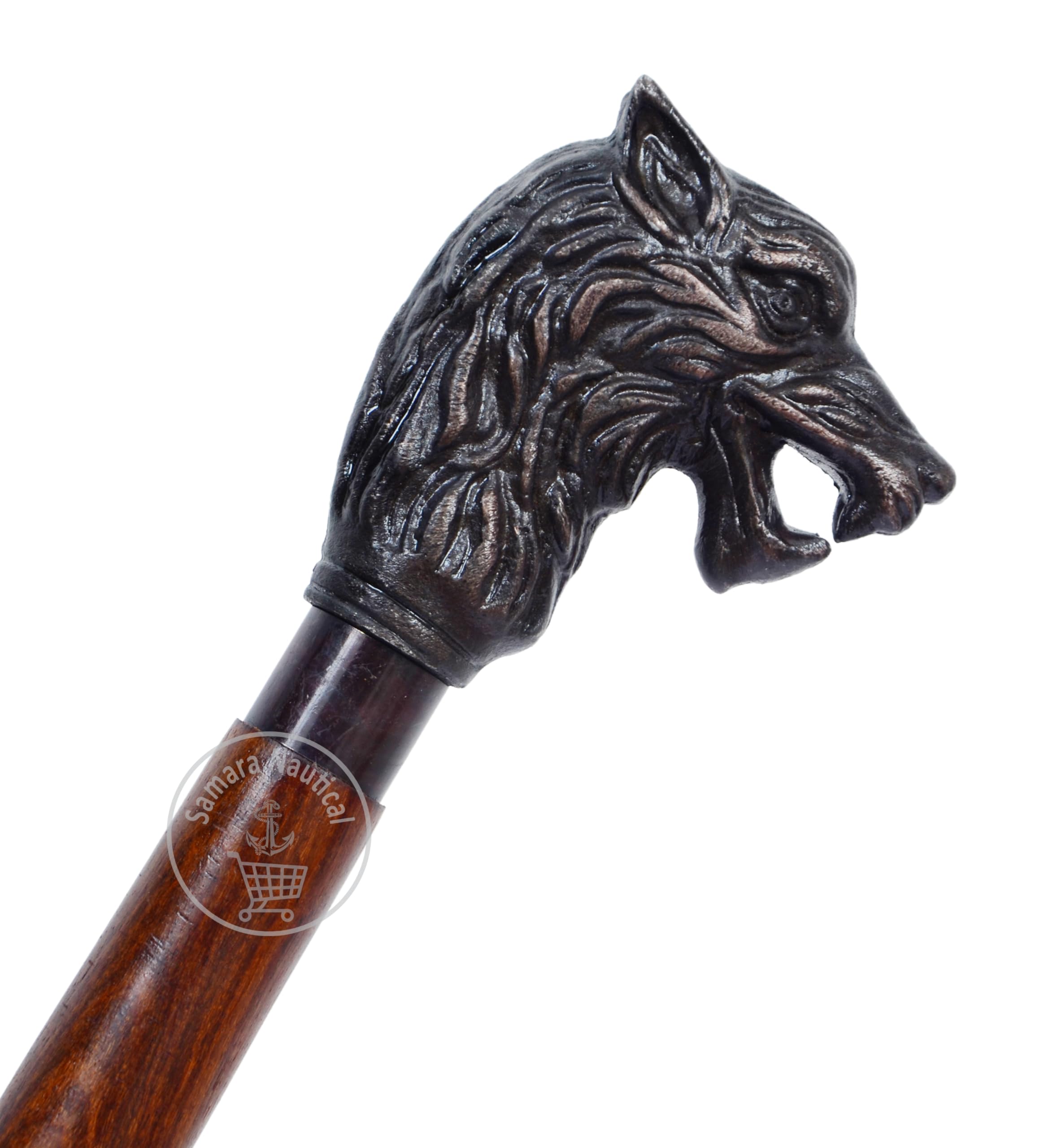 Antique Wolf Head Brass Handle Brown Wooden Walking Stick - Wood Cane with Antique Brass Handle - Unique Vintage Look Decorative Gentleman Walking Sticks and Canes Antique Brass