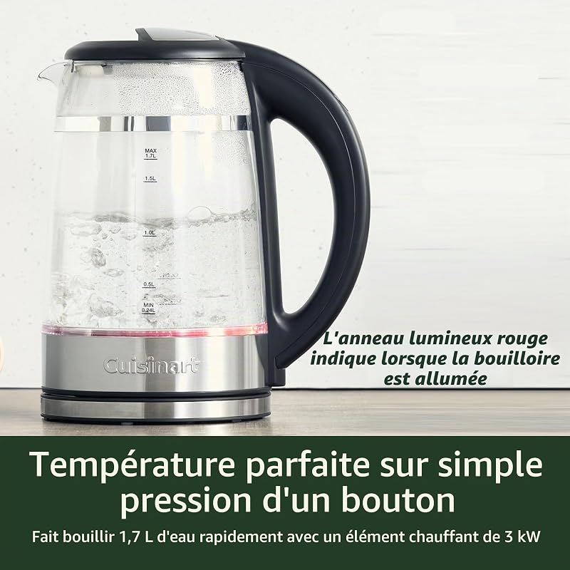 Bouilloire en verre 1,7 L à température variable. Ébullition rapide 3 kW, double paroi froide au toucher, sans BPA, Arrêt automatique, bec anti-goutte, base 360°