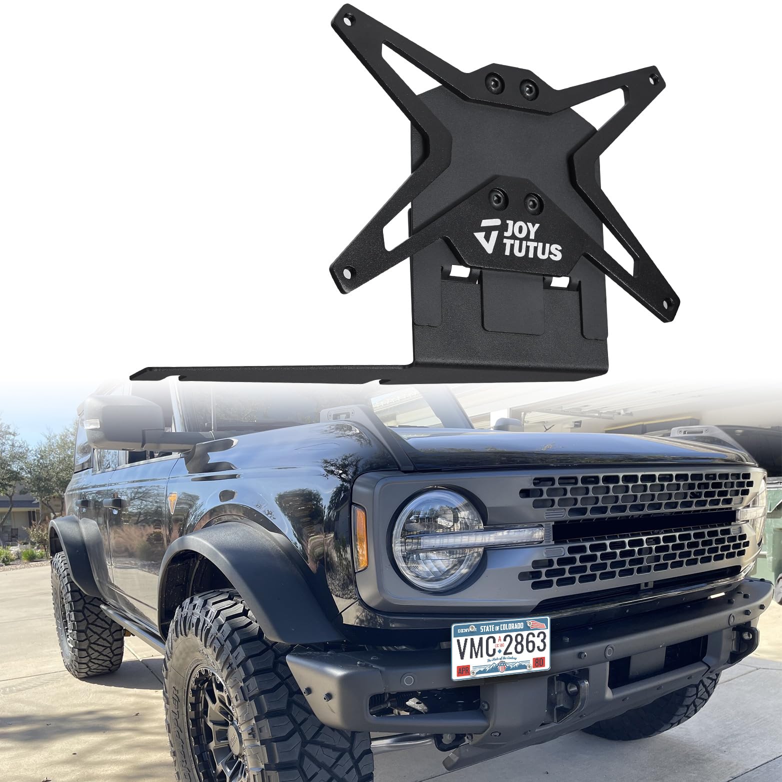 Photo 1 of Front License Plate Frame Compatible with 2021-2023 Bronco, JoyTutus Adjustable License Plate Holder for Modular Steel Bumper, Heavy Duty Steel License Plate Mount, Black