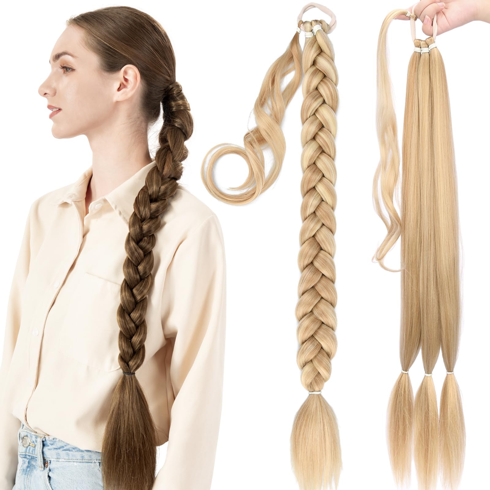 BOBIYA Long Braided Ponytail Extension 30 Inch Pre stretched Braiding Hair Extensions DIY Braid Ponytail Natural Soft Ponytails (Sandy Blonde)