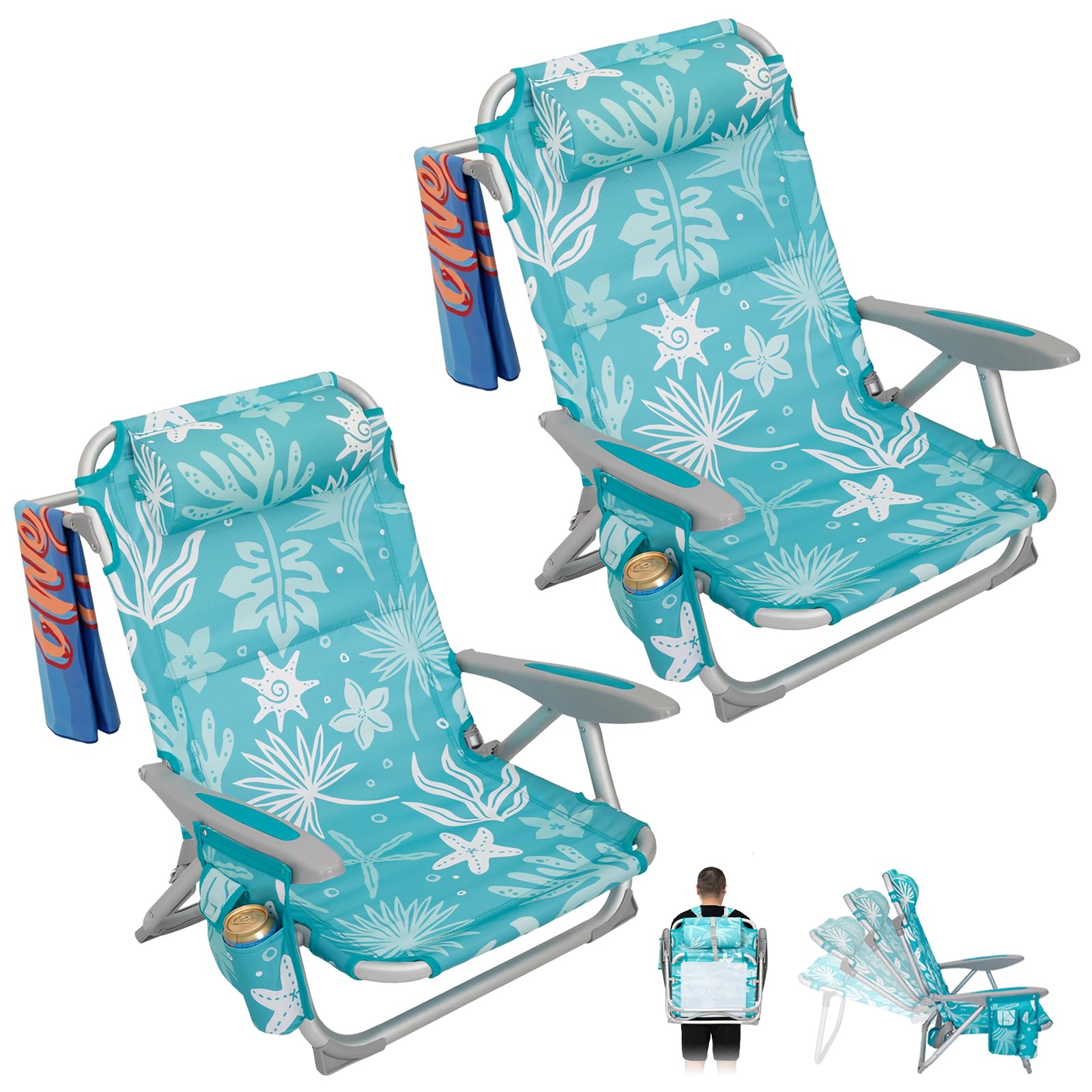 Photo 1 of #WEJOY Beach Chair for Adults, Reclining Adjustable Position,Lay Flat Lightweight Folding Portable Aluminum Chair with Backpack Straps,Padded headrest, Heavy Duty 400 lbs Lawn Chair for Beach, 2 Pack