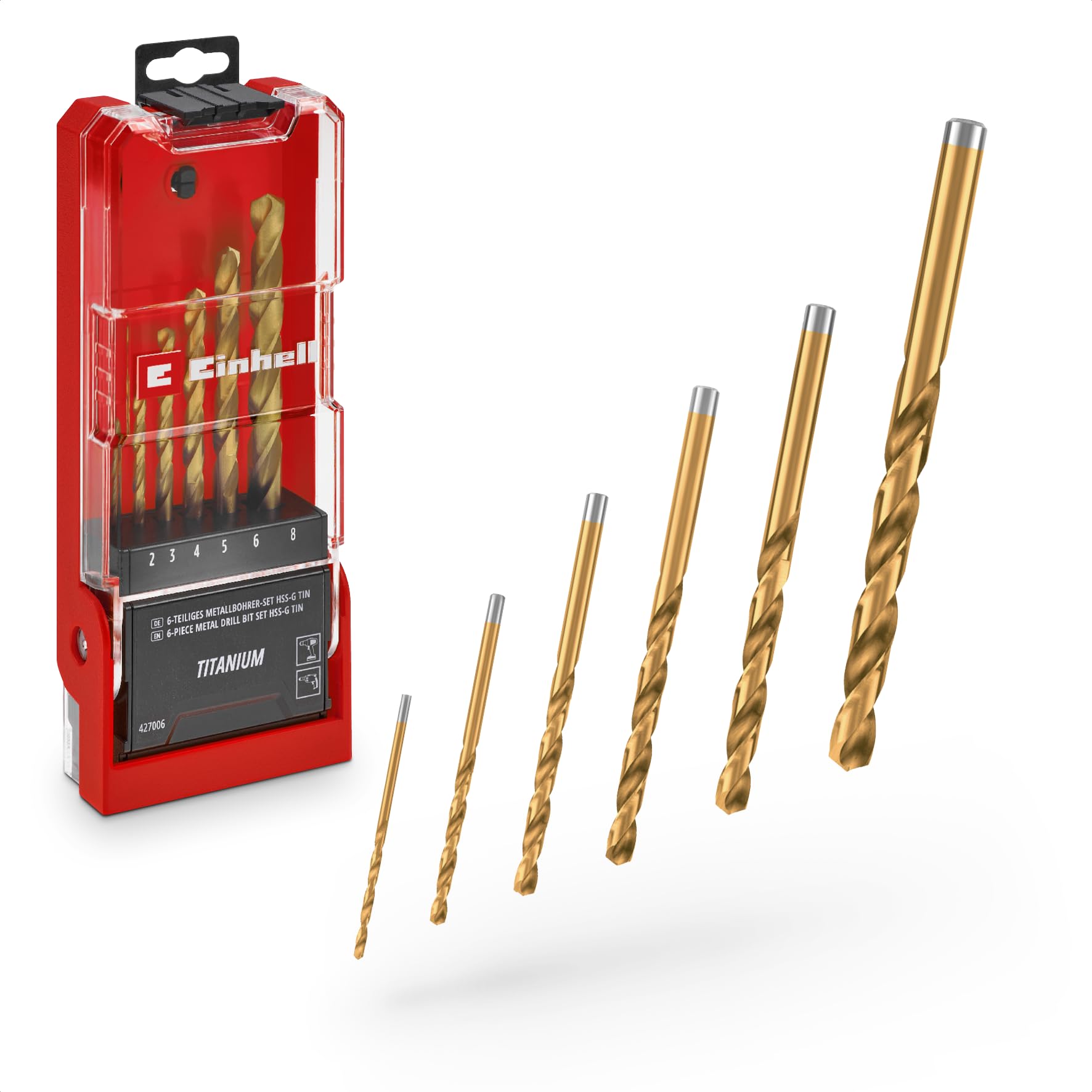 Original Einhell 6-Piece HSS-G Titanium Metal Drill Bit Set (Fully Ground HSS 4341 Steel, Titanium-Coated, 135° Split-Point Tip, Milled Type N Spiral, Round Shank)