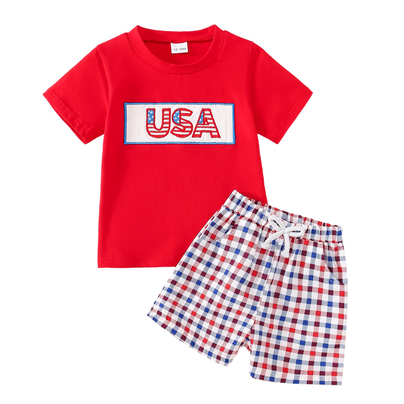 Photo 1 of ADXSUN Toddler Boy 4th of July Outfit Embroidered American Flag/USA Shirt+Striped Shorts Independence Day Clothes