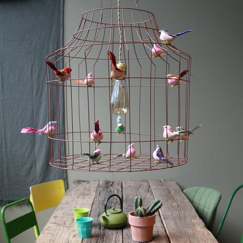 Bird cage hanging lamp with birds Handmade