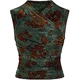SOLY HUX Women's Plus Size Tank Tops Floral Wrap V Neck Ruched Sleeveless Slim Fitted Summer Top