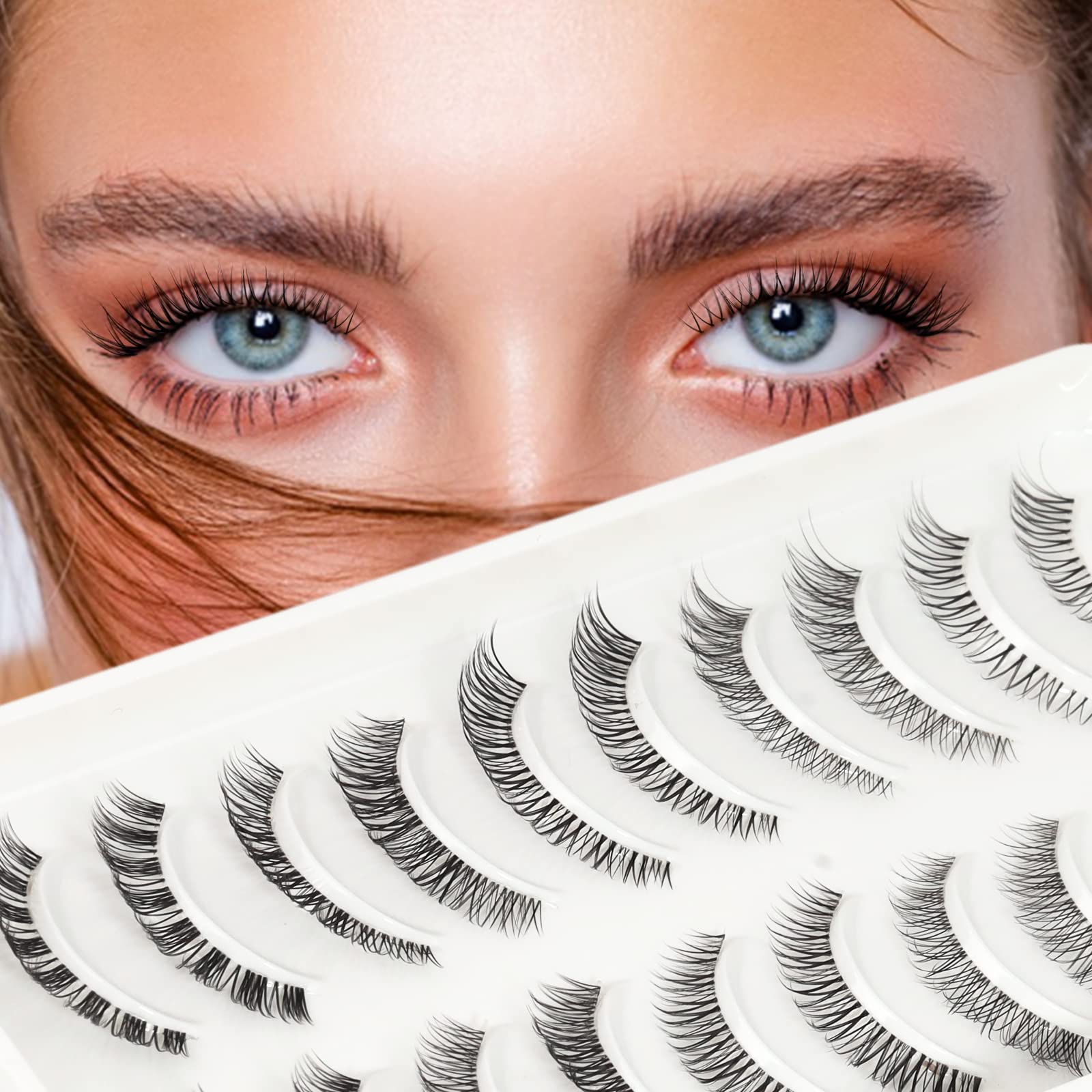 Hybrid Strip Lashes 10 Pairs 5 Style Mixed Natural False Eyelashes Short Wispies Lashes Natural Look Hand-Tied Cat Eye Lashes Transparent Clear Band Strip Eyelashes Reusable by EMEDA (Mix-F) — image 1