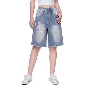 PATPAT Girls Jean Shorts 5-14Y Ripped Baggy Jorts with Elastic Waistband | Denim, Bermuda, Knee Length, Breathable Cotton, Du