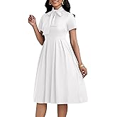 FANDEE Midi Dress for Women Casual Short Sleeve A-line Semi Formal Fit and Flare Dress Classy Tie Neck Work Business Dresses