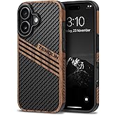 TENDLIN Compatible with iPhone 17 Case Wood Grain with Carbon Fiber Texture Design Leather Hybrid Slim Case (Three Stripe)