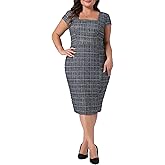 Agnes Orinda Women's Plus Size Vintage Midi Pencil Dress Tweed Cap Sleeve Sheath Dress Square Neck Work Dresses