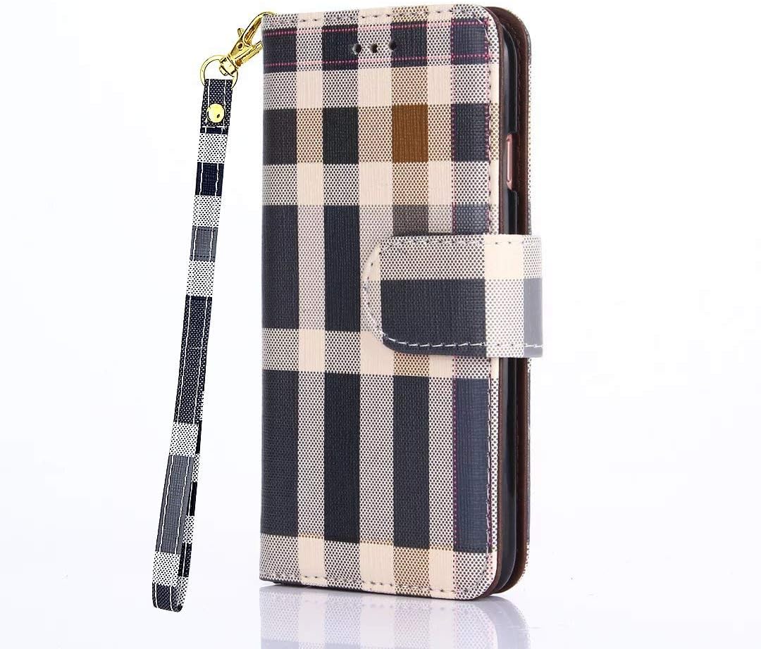 Luxury Flip Wallet Case for iPhone XR,Grid Folio Kickstand with Wristlet Lanyard Card Slots Cover for Apple iPhoneXr (Blue)